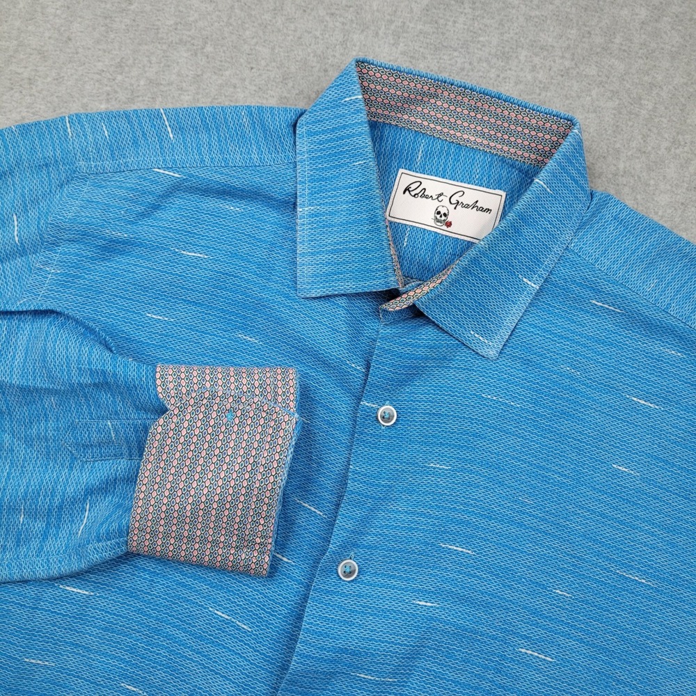Robert Graham Flip‎ Cuff Shirt Mens Large Blue Linen Cotton Long Sleeve Skull
